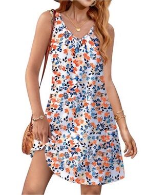 Women Casual V Neck Sleeveless Floral Beach Short Dress with Pockets Small